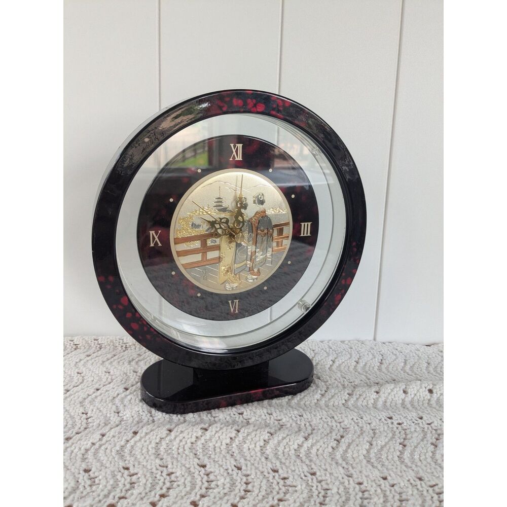 Japanese Pedestal Clock - Tochigi Tokei Movement - Gold Silver Geishas